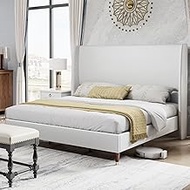 PaPaJet Queen Platform Bed Frame 51.2" High Headboard Linen Tall Upholstered Bed/No Box Spring Required/Wood Slat Support/Easy Assembly White