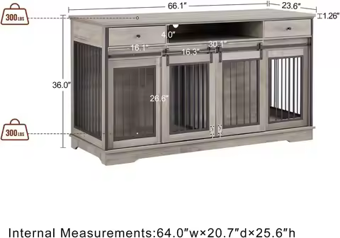 Large Dog Crate Furniture,66.1" Wooden Dog Kennel Indoor Dog Crate with Divider, TV Stand XXL Crate