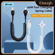 Elough Car 3in1 66W Fast Charging Spring Cable USB A To Type-C/Android/IOS USB C Cable Lightning for iPhone Micro for Samsung Data Cord