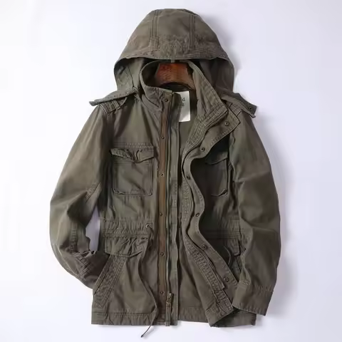 Men's Hooded Casual Jacket Safari Style Camouflage Multi Pockets Spring Coat Outdoor Hiking Jacket