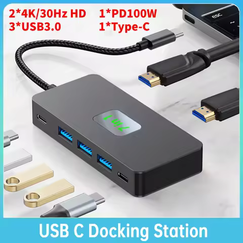 7 in 1 USB C Docking Station 100W Power 3 USB3.0 1 USB-C Dual 4K HDMI-Compatible Monitor for MacBook