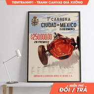 Wall painting, Vintage Automotive Mexico Car Grand Prix, Carrera Ciudad De Mexico 1950s Poster, Vint