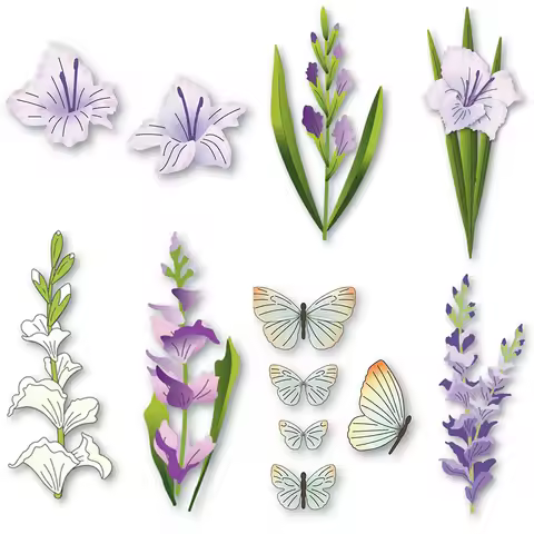 Blossom Floral Whimsical Gladiolus Cutting Dies Lily Lris Flower&Leaves Butterfly Die Cut Sest For D