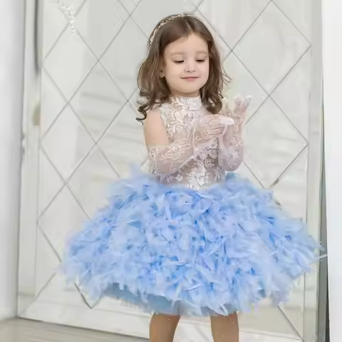 Jill Wish M038 Toddler Girls Blue Feather Tulle Dress Sleeeveless Elegant Lace Flower Girl Dress for