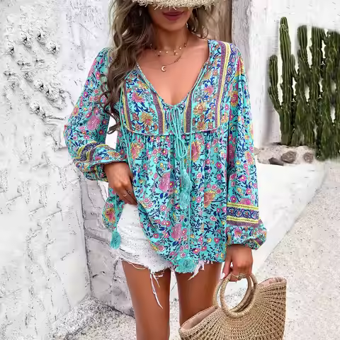 Boho Cotton Rayon Floral Printed Blouses Shirts For Women Vintage Long Sleeve V Neck Spring Summer B
