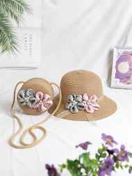 2入組花朵裝飾草帽和背包,適用於春夏戶外休閒、海灘、度假、鄉村風格和兒童禮物