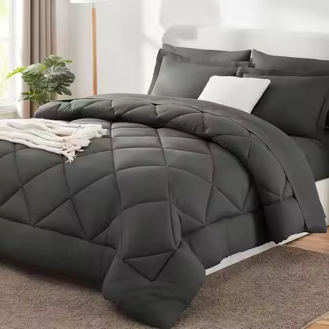 Queen Size 7-Piece Dark Gray Bedding Set with Comforter, Sheets, Pillowcases & Shams for All Seasons