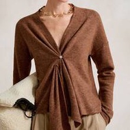 Women's Elegant Shades Of Brown Wool Blend Mid-Length Loose Fit Snap Button Shirt,Autumn Work Casual