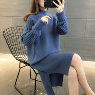Split Blue Woman Dress Solid Midi Cover Up Knee Length Clothes Knitted Turtleneck Loose 2023 Crochet