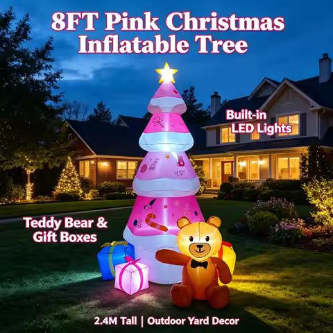 8FT Christmas Inflatable Pink Santa Tree Bear Gift Pack Model Built-in LED Light Outdoor Garden Yard
