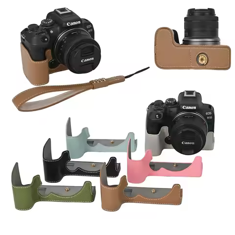 R10 Palm Print PU Leather Camera Half Body Case For Canon EOS R10 Battery Opening Bottom Cover With 