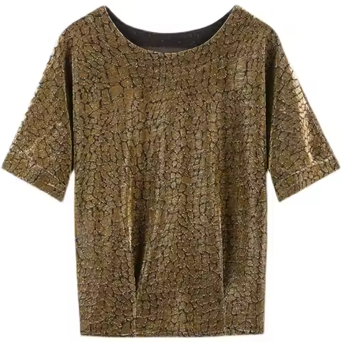 2026 Vintage Women's Glitter Crackle Print Top Round Neck Short Sleeve Shiny Loose Fit Casual Blouse