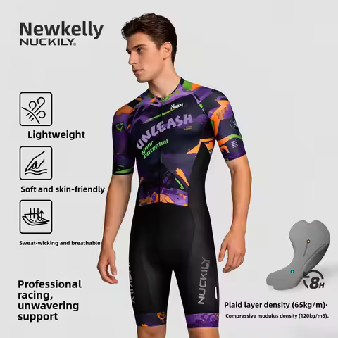 NUCKILY Men Cycling Skinsuit Short Sleeve One Piece Bike Suit 8H 3D Pad Quick Dry Breathable Anti Sl