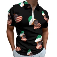 Ireland Flag and American Flag Mens Polo Shirts Quick Dry Short Sleeve Zippered Workout T Shirt Tee 