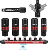 Spark Plug Socket Set 3/8''-Drive: 7-Piece Impact Spark Plug Socket Set with Magnetic Rail, SAE & Me