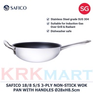 Safico 18/8 Stainless Steel 3-Ply Non-Stick Wok Pan with Handles Ø28xH8.5cm