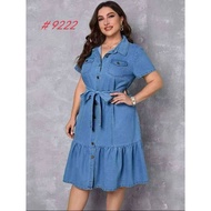 D 9222 Femme Fashion Casual Wear Ruffle Hem Belted Waist Denim Dress