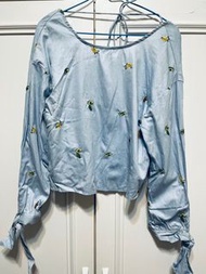 Zara-酪梨木瓜香蕉水果刺繡布料-綁帶長袖蝴蝶結設計風格長袖上衣