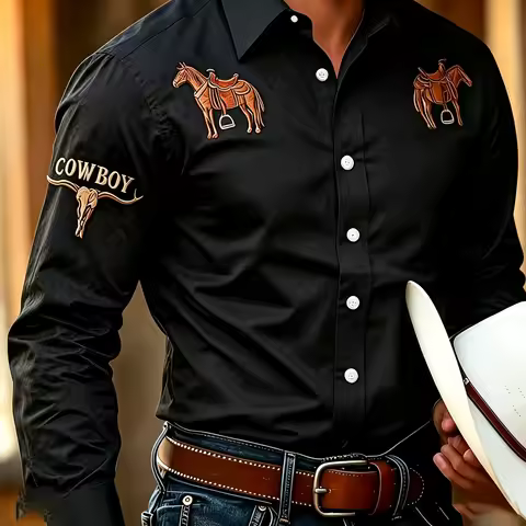 Men's Long-Sleeve Collared Shirt, COWBOY Bull Head Print Retro Work Shirt, Country Cowboy Outdoor Ca