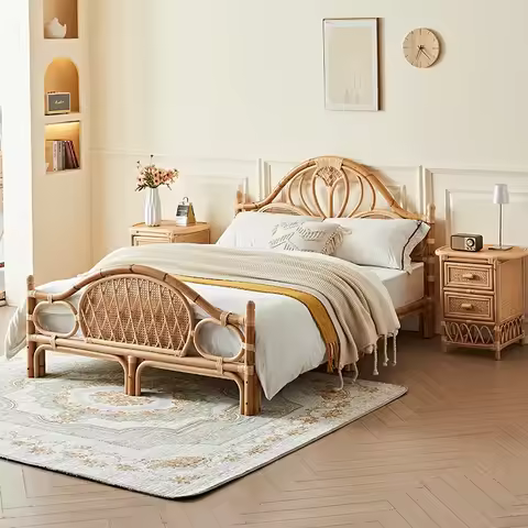 for Wabi Sabi Hand-woven Double Bed 1.8m Queen Size Rattan Bed Frame for Bedroom Home B&B Hotel Desi