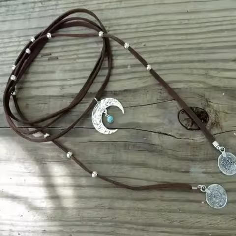 Boho Wrap Necklace Boho Choker Necklace Brown Turquoise Suede Necklace Crescent Moon Necklace