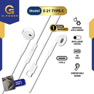 G-Power Headset / Earphone / Handfree E21 TYPE-C dengan MIC untuk iphone 15