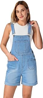 Denim Overall Shorts for Women Stretchy Jumpsuits with Adjustable Strap Cuffed Hem