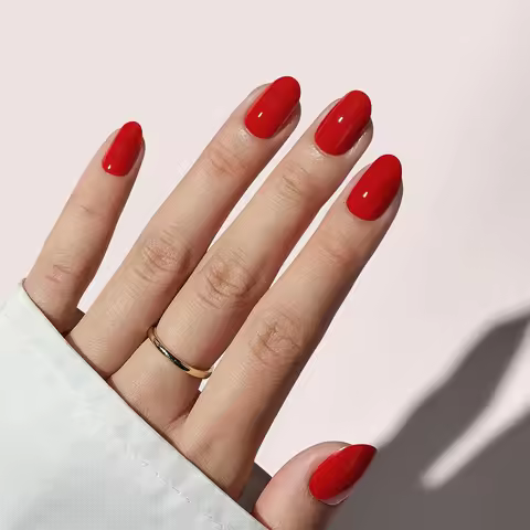 24PCS Red Nails Short Oval False Nails Press Nails Thick False Nails Medium Almond Nails Press Reusa