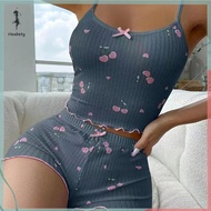 FUJIAS2🦋 Thời trang giản dị anh đào in yếm và quần short của phụ nữ Pajama Set MặC Nhà