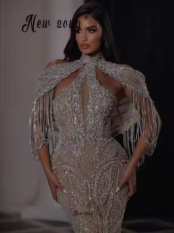 Red Carpet Dress Shiny Tassels Off Shoulder Long Evening Dresses Mermaid Wedding Guest Gowns Customi