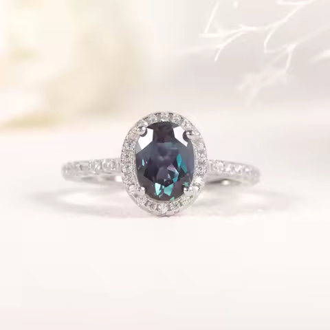 GEM'S BALLET Oval 6X8mm Halo Lab Alexandrite Engagement Ring 925 Sterling Silver Anniversary Wedding