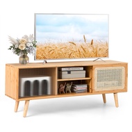 tv console cabinet Costway Modern TV Stand Entertainment Center Media Console w/Rattan Glass Sliding Doors