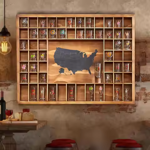 60 Slot Shot Glass Display Case, 34x26 Inch Wall Mount, Rustic Wood Cabinet with US Map, Fits Standa