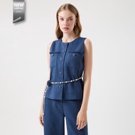 ESPADA เสื้อเบลาส์แขนกุด ผ้าทวีต ผู้หญิง สีกรมท่า | Tweed Sleeveless Blouse | 04874