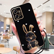 Redmi Note 12S Plating Rabbit Holder Silicone Case On For Xiaomi Redmi Note 12 Turbo Note12 Pro Plus 12T Pro Lanyard Wrist Strap Cover
