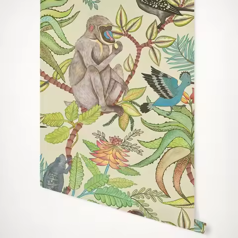 Quirky animal jungle Wallpaper with baboon, chameleon and exotic birds against a cream background, N