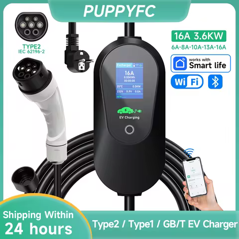 Puppyfc 3.6KW Portable EV Charger Type2/Type1 SAE J1772 GB/T 16A Fast Charging Wallbox 3.5m Cable wi