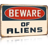 Alien Gifts Vintage Alien Decor Beware of Aliens Funny Metal Sign for Home Bedroom Garage Man Cave S
