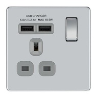 英國  BG Brushed Steel 13A 插座 USB 充電面板 - BLACK, Brushed Steel 單位 , 雙位 有掣 *USED*