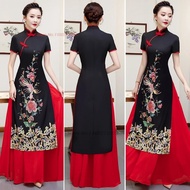 Women Traditional Vietnam Aodai Cheongsam Flower Print Banquet Evening Party Dress