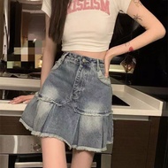 Clothing Fashion Denim Skirt a-Line Medium Large Size S-3XL High Waist Retro Pleated Frayed Stitchin