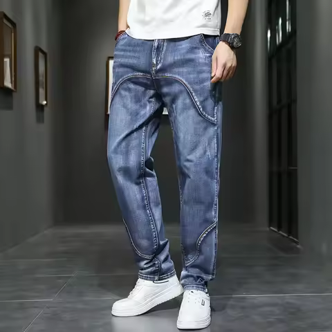 Male Cowboy Pants Straight Trousers with Pockets Blue Jeans for Men Retro Baggy Buggy Autumn Clothin