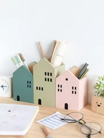Cartoon House Wooden Pen Holder Pencil Container Makeup Brush Stationery Storage Box Student/ Office