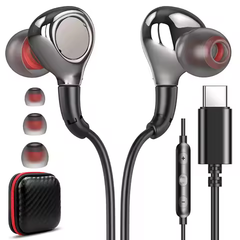 Tangle-Free Cord USB C Headphones Wired Earbuds Hi-Fi Stereo Type-C Earphones with S/M/L Ear Tips fo