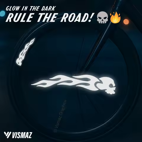 Vismaz Reflective Flaming Skull Stickers – Waterproof Rim Decals for Road Bike, MTB, BMX, Helmet, Mo