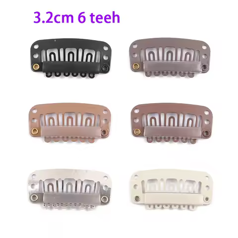 100 Pieces 3.2cm 6 Teeth Stainless Steel Hair Extension Silicone Snap Clips (Black, D Brown, M Brown