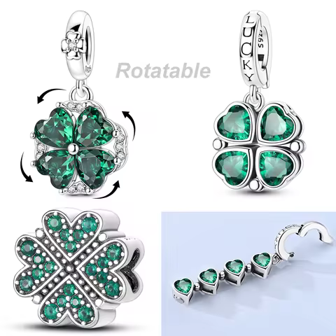 925 Sterling Silver Rotatable Four-leaf Clover Charms Bead CZ Blue Zircon Luckly Pendants Fit Origin