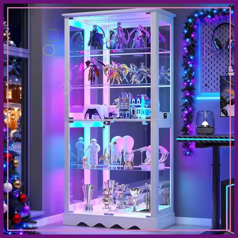 5-Tier Glass Display Cabinet with RGB Lights & Human Sensor, Lockable Curio Case for Collectibles