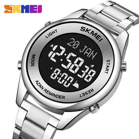 SKMEI New Stainless Steel Muslim Azan Men Watch for Prayer with Qibla Compass Adhan Alarm Hijri Isla