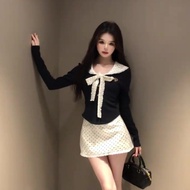 纯欲风娃娃领绑带t恤套装女秋冬高腰波点包臀半身裙修身长袖上衣qqqttt123.my20250416